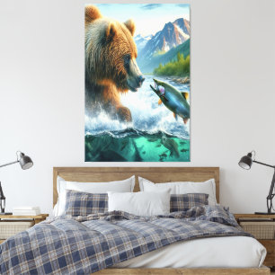 Grizzly Beren met steelhead forel zalm Canvas Afdruk