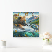 Grizzly Beren met steelhead forel zalm springen Vierkante Klok (Huis)