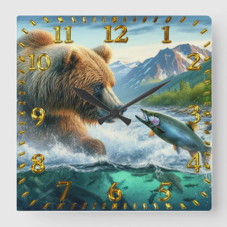 Grizzly Beren met steelhead forel zalm springen Vierkante Klok
