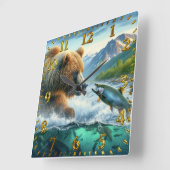 Grizzly Beren met steelhead forel zalm springen Vierkante Klok (Hoek)