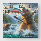 Grizzly Beren met steelhead forel zalm springen Vierkante Klok (Voorkant)