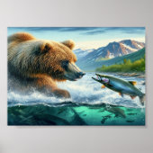 Grizzly Beren met stelelkop forel 7x5 Poster (Voorkant)
