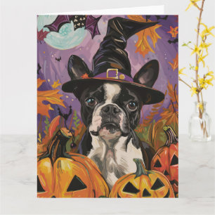 Grizzly Boston Terrier Halloween Heks en Pompoen Kaart