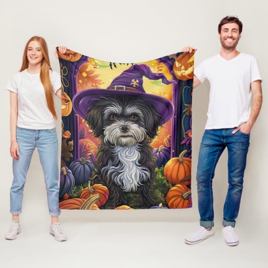 Grizzly Havanese Hond Halloween Heks en Pompoen Fleece Deken (In situ)