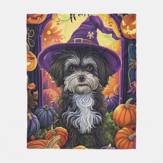 Grizzly Havanese Hond Halloween Heks en Pompoen Fleece Deken (Voorkant)