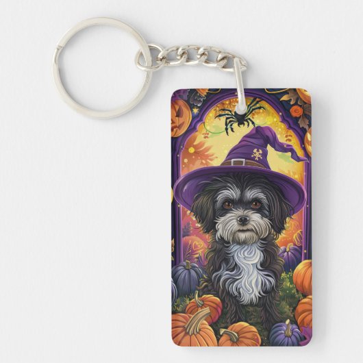 Grizzly Havanese Hond Halloween Heks en Pompoen Sleutelhanger (Voorkant)