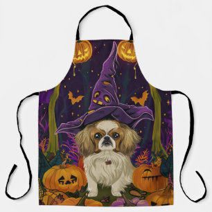 Grizzly Pekingese Hond Halloween Heks En Pompoen Schort