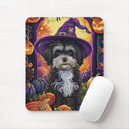 Grizzly uitziende Havanese hond Halloween heks en Muismat (Met muis)