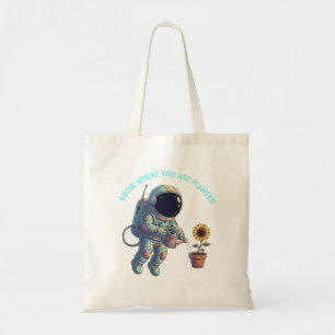 "Groei Waar Je Geplant Bent" Retro Astronaut & Zon Tote Bag