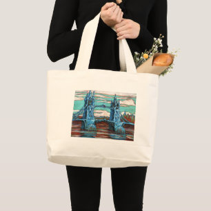 Groeiende brug in een fantasiestad grote tote bag