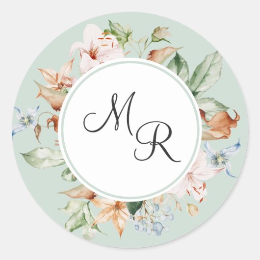 Groen, Aarde Tones Floral Monogram Envelope Seal Ronde Sticker (Voorkant)
