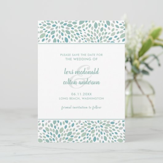 Groen Abstract Bloemen Modern Seaside Bruiloft Save The Date (Staand voorkant)
