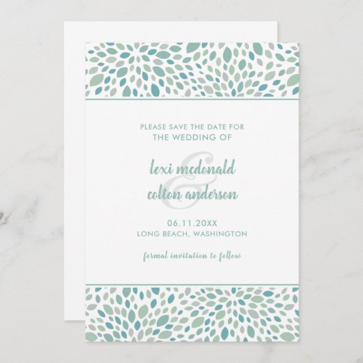 Groen Abstract Bloemen Modern Seaside Bruiloft Save The Date (Voorkant / Achterkant)