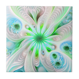 Groen + Abstracte Fractal Flower keramische Tegel Tegeltje