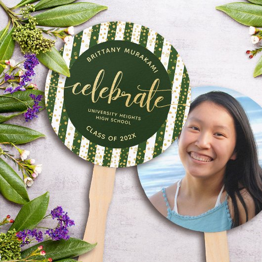 Groen afstudeerder foto gouden glitter script keep handwaaier