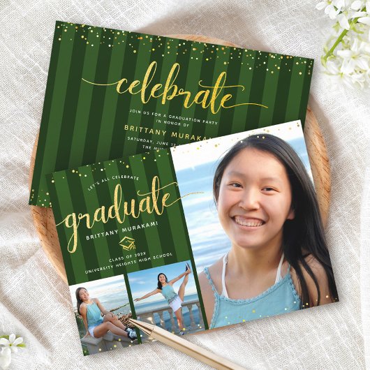 Groen afstuderen 3 foto gouden glitter script chic kaart