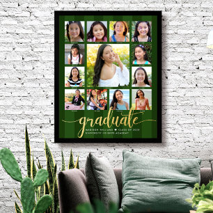 Groen Afstuderen K-12 Photo Collage Gold Script Poster