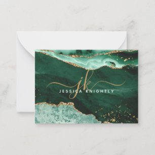 Groen Agate Geode Gold Glitter Script Monogram Notitiekaartje