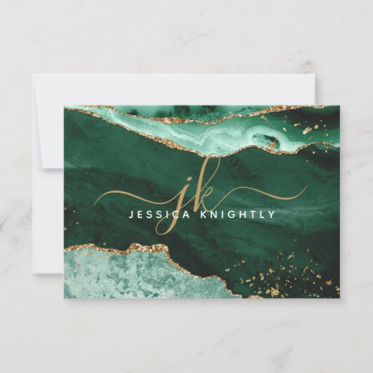 Groen Agate Geode Gold Glitter Script Monogram Notitiekaartje (Voorkant)