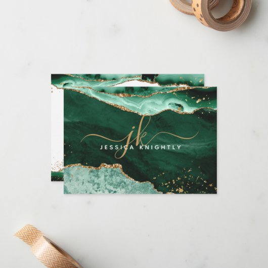 Groen Agate Geode Gold Glitter Script Monogram Notitiekaartje (Voorkant / Achterkant in situ)