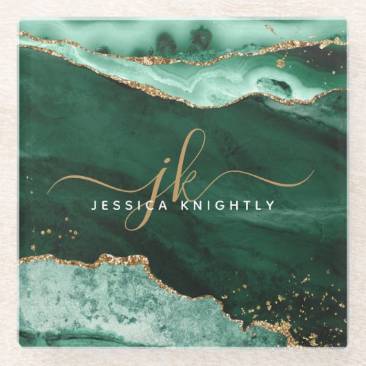 Groen Agate Gold Glitter-script monogram Glazen Onderzetter (Voorkant)