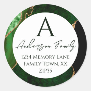 Groen Agate Monogram Familie Adres Ronde Sticker