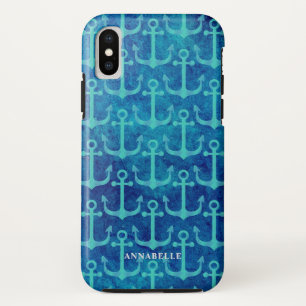 Groen ankerpatroon Blauw aquarel iPhone XS Hoesje