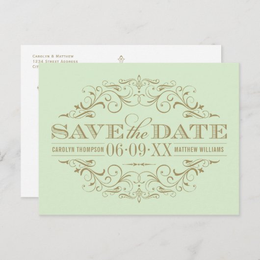 Groen Antiek Bloei Save the Date Aankondigingskaart (Voorkant / Achterkant)