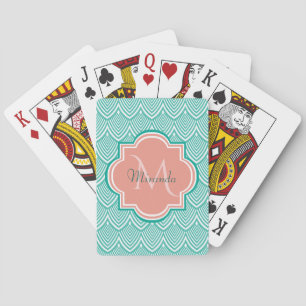 Groen Art Deco Vis Schubben Roze Monogram Naam Speelkaarten