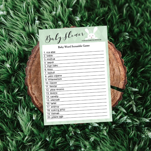 Groen Baby shower Bunny Word Scramble Game (Creator heeft geüpload)