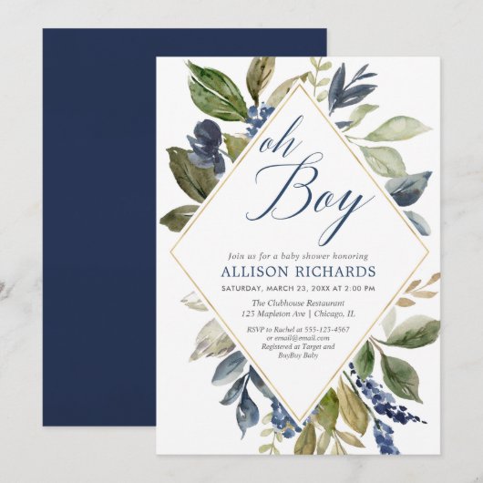 Groen baby shower, marineblauw groen gebladerte jo kaart (Voorkant / Achterkant)