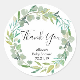 Groen baby shower stickers, groene bladeren ronde sticker