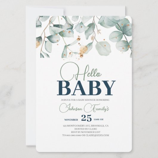 Groen Baby shower Uitnodiging, Eucalyptusbloem Kaart (Voorkant)