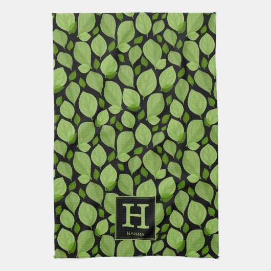 Groen basilicum lef kruidenpatroon botanisch monog theedoek (Verticaal)