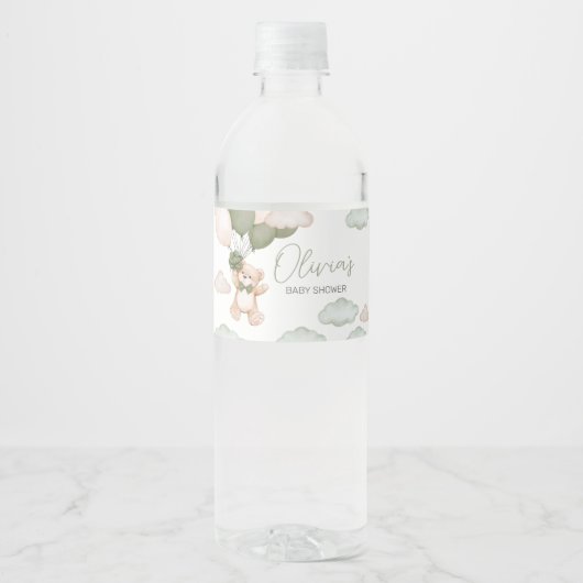 Groen Beer Ballon Bearly Wait Baby shower Waterfles Etiket (Voorkant)