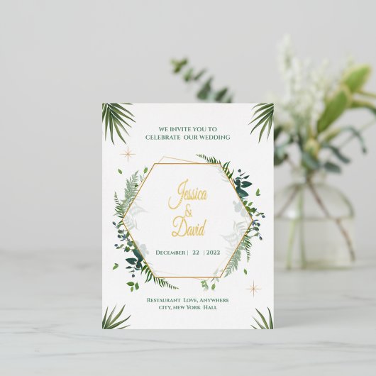 Groen blad en Gouden Bruiloft uitnodigen Folie Uitnodiging Briefkaart (Staand Voorkant)