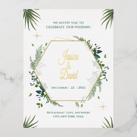 Groen blad en Gouden Bruiloft uitnodigen Folie Uitnodiging Briefkaart (Voorkant)