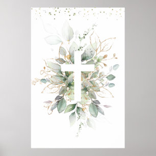Groen Blad Kruis Baby Doop Poster