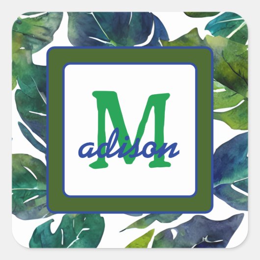 Groen blad Philodendron gebladerte Botanisch Vierkante Sticker (Voorkant)
