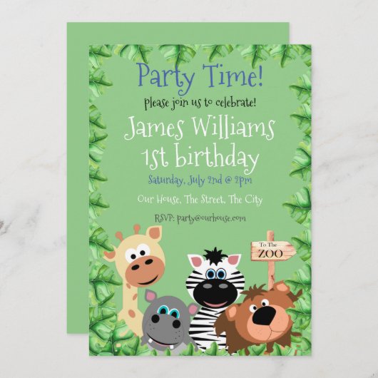Groen blad Zoo Dier Verjaardag Uitnodiging bewerkb (Voorkant / Achterkant)