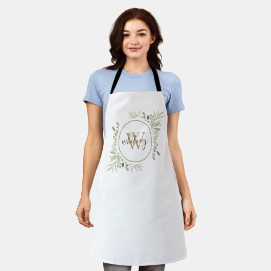 groen bladeren goud monogram elegante script schort (Gedragen)