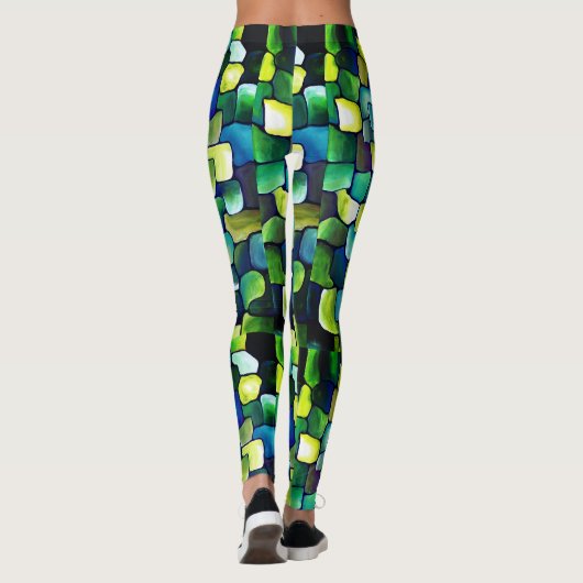 Groen Blauw Abstract Waterverf grillig patroon Leggings (Achterkant)