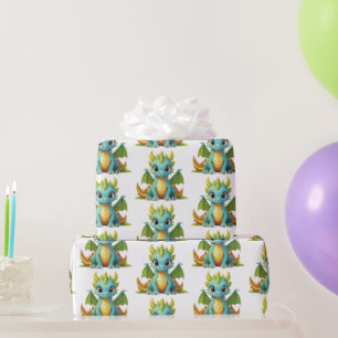 Groen Blauw Baby Dragon Fantasy Inpakpapier