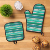 Groen Blauw Blauwgroen Strepen Ontwerp Ovenwant & Pannenlap Set (Top down)