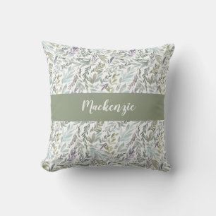 Groen Blauw Botanische Waterverf Monogram Naam Kussen