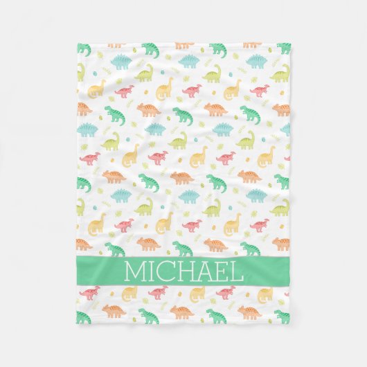 Groen Blauw Dinosaurus Patroon Aangepaste Naam Fleece Deken (Voorkant)