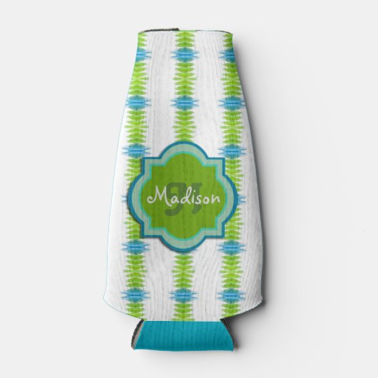 Groen, Blauw en Wit Funky Streep Monogram Flesjeskoeler (Voorkant)