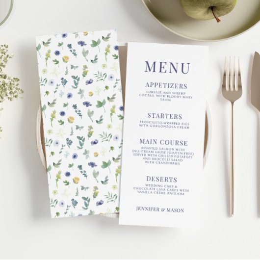 Groen blauw geel bloemenbruiloft menukaarten