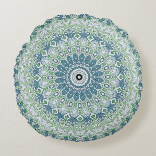 Groen Blauw Grijs Kust Mandala Kaleidoscoop Rond Kussen