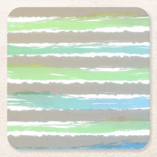 Groen Blauw Grijs Waterverf Strepen Vierkante Kartonnen Onderzetter (Voorkant)